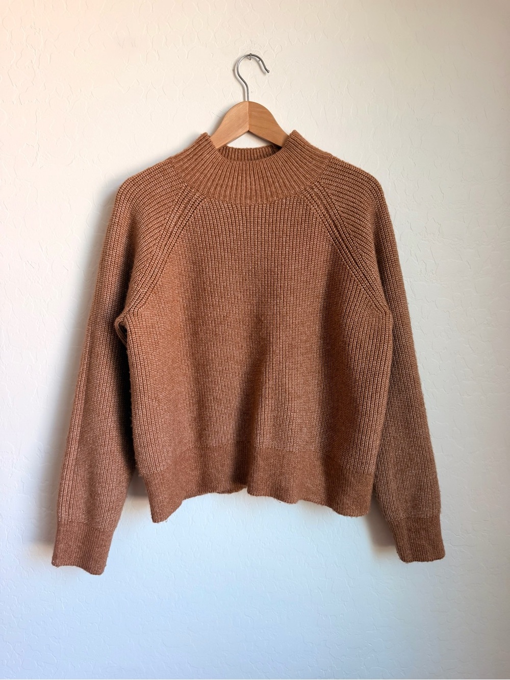 Cozy Calvin Klein Mock Neck Ribbed Sweater in Camel